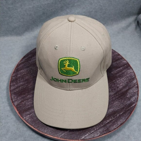John Deere Logo Cotton Hat Tan/Khaki Adjustable Green Power Farming Embroidered - Picture 1 of 15